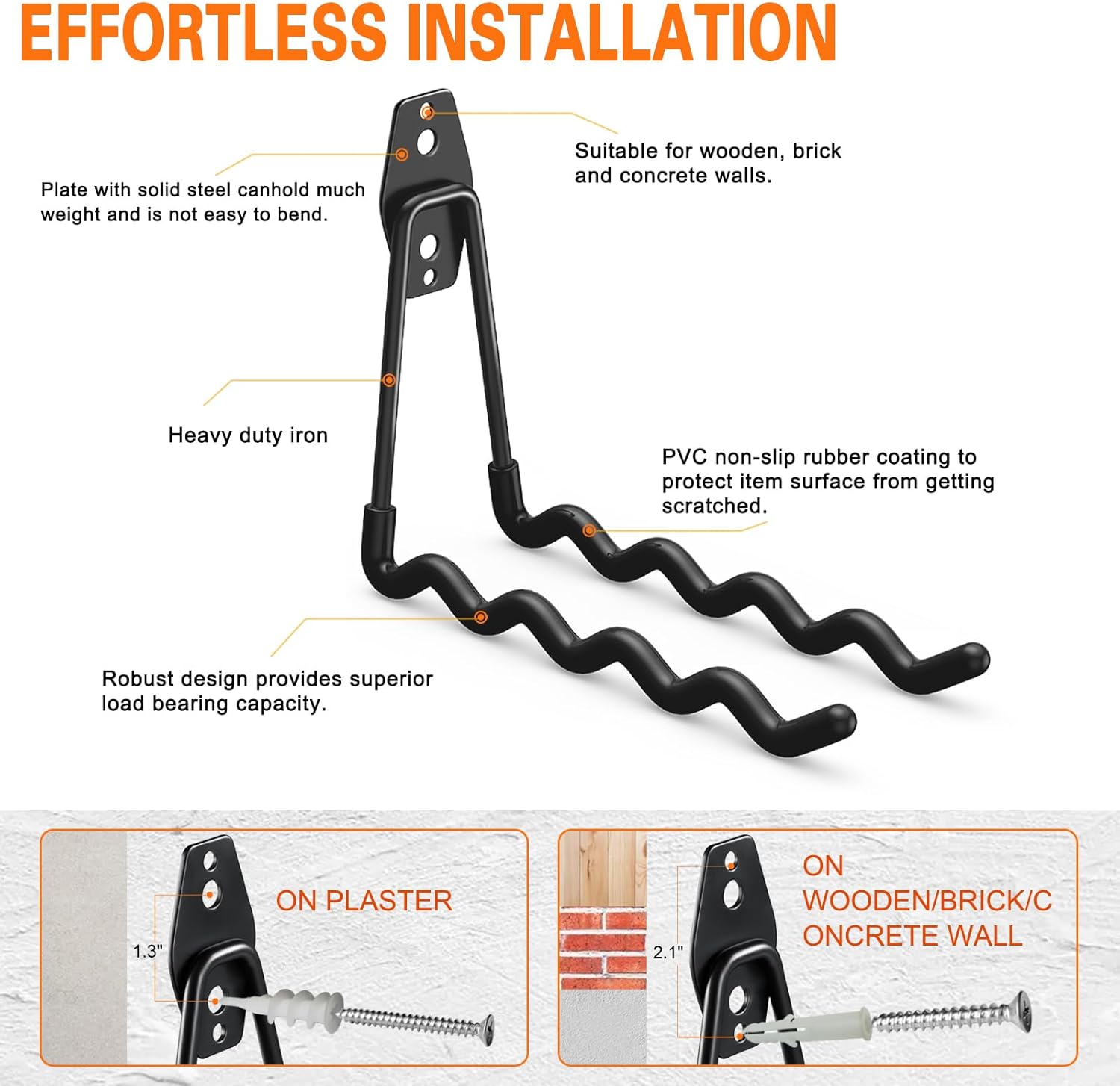 Heavy Duty Garage Hooks 4 Pack, 7.7 inch Wave Long Hanger, Wall Mounted Storage System, Power and Garden Tool Organizer, for Hanging Ladders, Bikes, Hose, Bulk Items and More-VerdiqueGarden