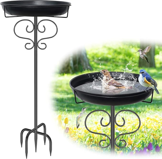 40In Bird Baths for Outdoors, Metal Birdbath Birdfeeder with Heavy Duty 5 Prong Stake, Vintage Detachable Bird Bath Water Feeder Bowl for Garden Yard Lawn Decor Black-VerdiqueGarden
