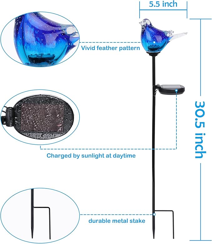Afirst Solar Bluebird Garden Stake Lights - Hand Blown Glass Decorative Garden Pathway Lights Outdoor Waterproof Bird Glass Stakes-VerdiqueGarden