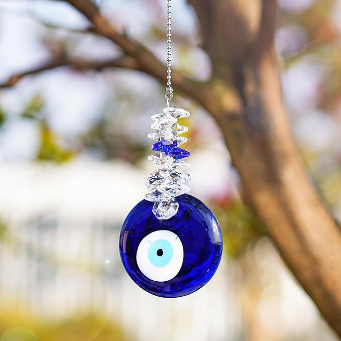 Blue Glass Evil Eye Talisman with Crystal Beads - Good Luck Charm, Home, Office, Car Decoration, Blessing Ornament, Reflects Negative Energy-VerdiqueGarden