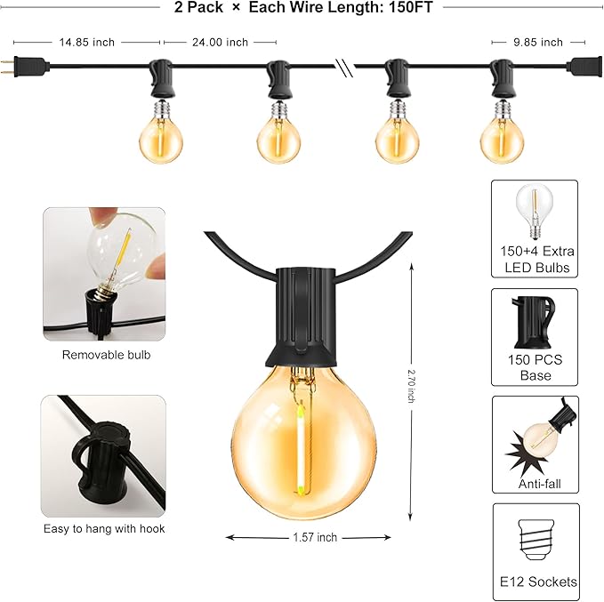 Outdoor String Lights 300FT Waterproof Globe String Lights with 150+4 Shatterproof G40 LED Bulbs,Dimmable Connectable Patio Lights String for Hanging Bistro Backyard Gazebo,2-Pack x 150 FT-VerdiqueGarden