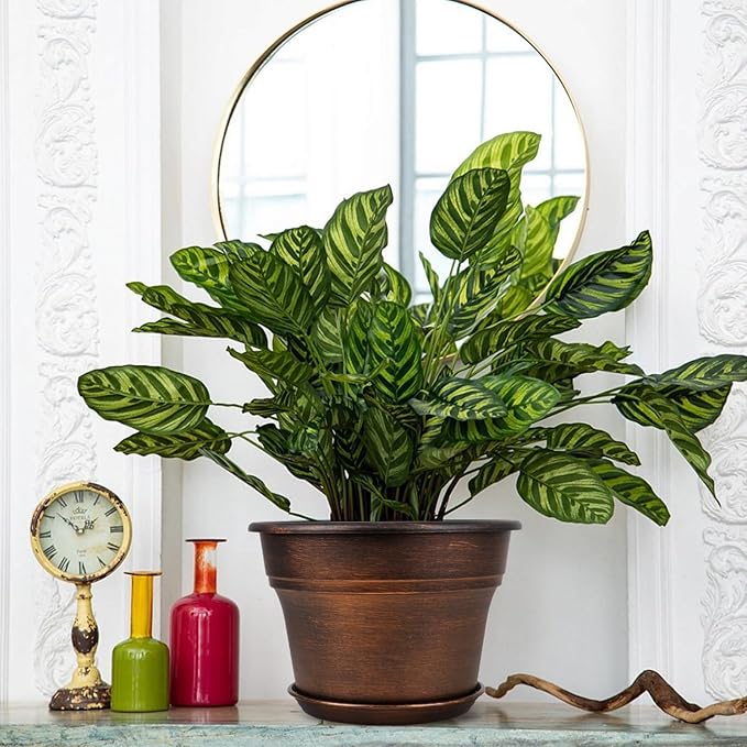 10 Inch Planters Plant Pots Indoor Outdoor, 4 Pack Plastic Flower Pot for Indoor Plants with Drainage Holes & Trays, Resin Decorative Container Sets with Saucer for House Garden Copper-VerdiqueGarden