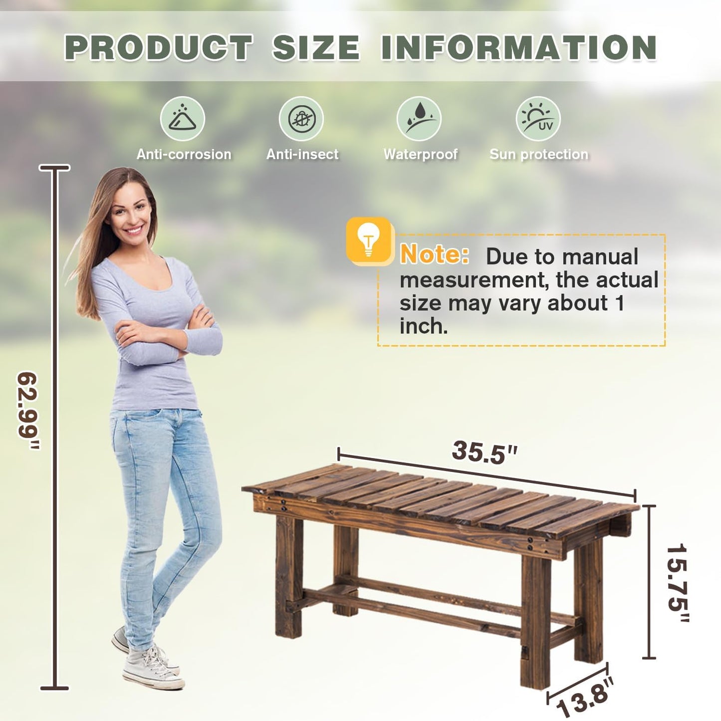 Outdoor Garden Bench, 2-Person Wood Patio Bench Weatherproof Outdoor Backless Bench, Anti-Corrosion and Anti-Rust Garden Benches for Garden Lawn Porch Park Backyard (Carbonized,35.5''/90cm)-VerdiqueGarden