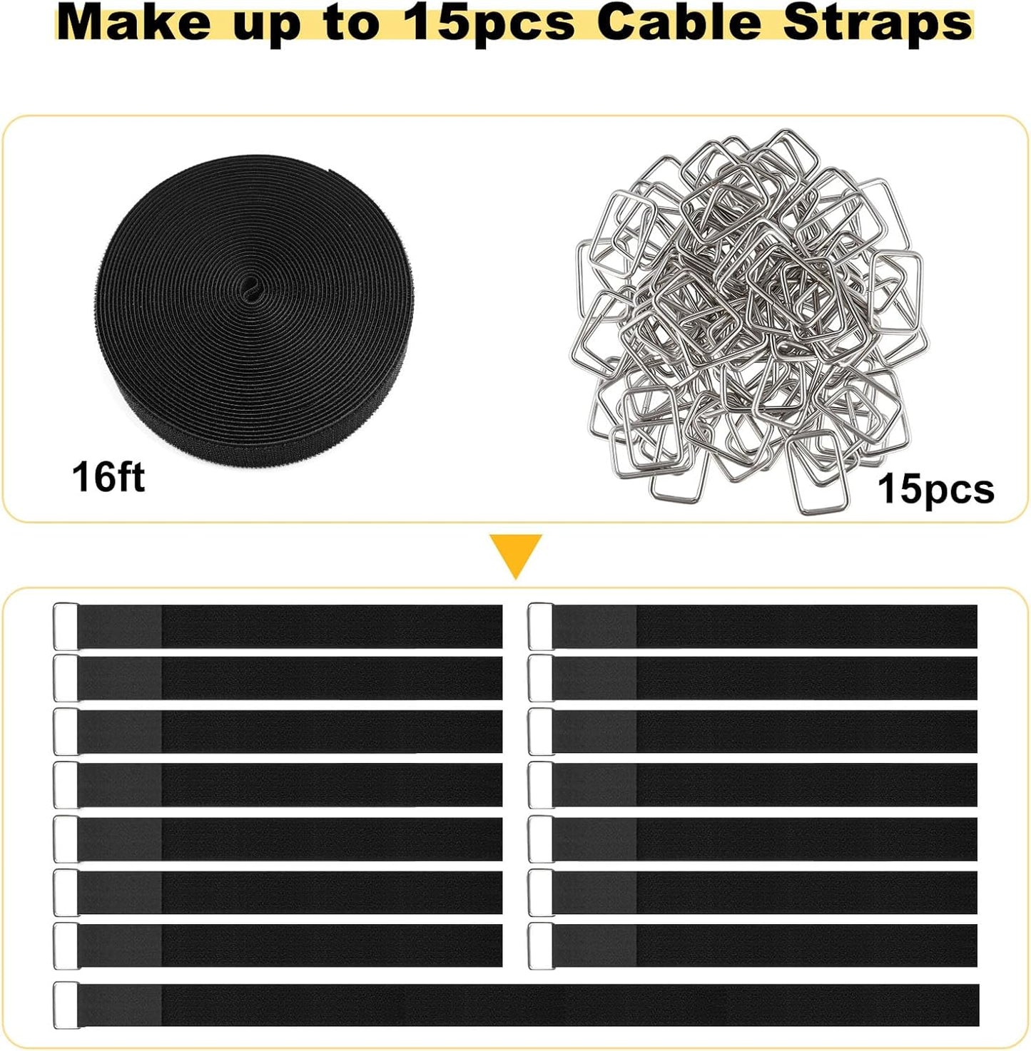 1.5"x16ft Hook and Loop Straps with 15 Metal Buckles, Adjustable Fastening Cable Straps, Cut-to-Length Cinch Strap, Reusable Nylon Securing Cord Ties for Organizer or Storage, Black-VerdiqueGarden