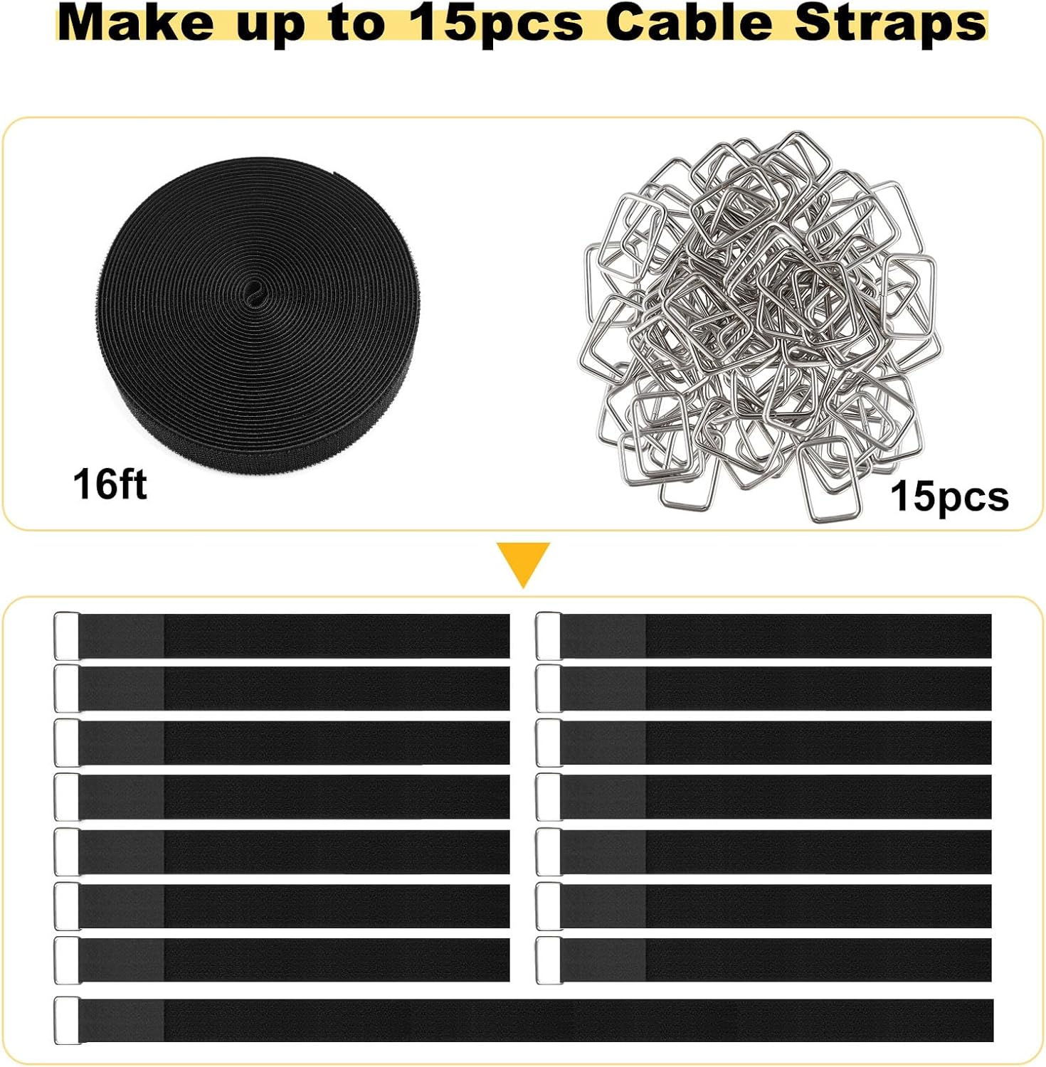 1.5"x16ft Hook and Loop Straps with 15 Metal Buckles, Adjustable Fastening Cable Straps, Cut-to-Length Cinch Strap, Reusable Nylon Securing Cord Ties for Organizer or Storage, Black-VerdiqueGarden