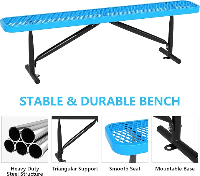 48" L Outdoor Steel Flat Bench, Heavy Duty Metal Park Bench for Outside, Expanded Metal, Commercial Benches Mesh Bench for Shopping Mall, Store, Lawn, Park, Patio, Deck, Garden (Blue, 6FT)-VerdiqueGarden