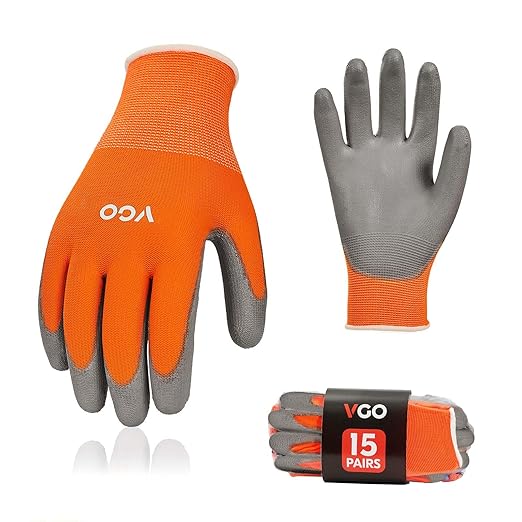 Vgo... 15-Pairs Safety Work Gloves, Gardening Gloves, Polyurethane Coated, Dipping Gloves, Latex Free (Size M,Orange, PU2103)-VerdiqueGarden