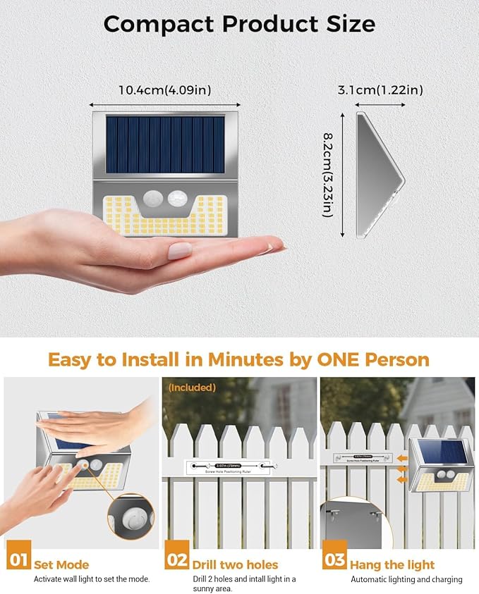 12 Pack Solar Lights Outdoor Motion Sensor, Waterproof Fence Lights 3 Lighting Mode, Warm White LED Outside Lights Wireless for Fence Wall Yard Steps Stairs Garden - Stainless Steel-VerdiqueGarden