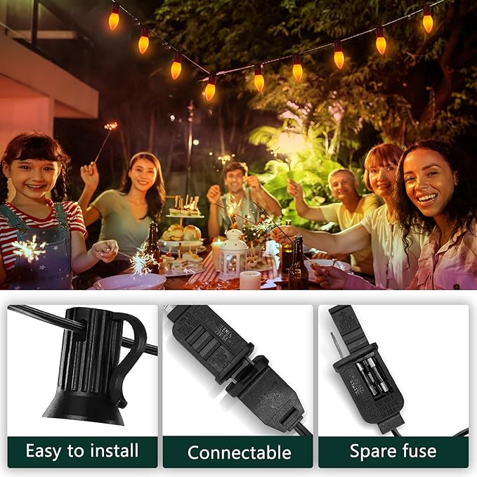 25FT LED Halloween Outdoor String Lights with 26 C9 Candle Shape Shatterproof Plastic Bulbs,2700K Waterproof Connectable Orange LED String Lights for Home Garden Halloween Christmas Fall Decor-VerdiqueGarden