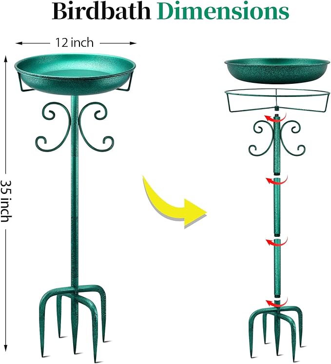 Daoeny 35In Metal Bird Bath for Outside, Vintage Freestanding Birdbaths & Birdfeeder, Bird Baths Feeder Bowl for Outdoors Garden Patio Yard Lawn Decor, Upgraded 5-Pronged Base (Green)-VerdiqueGarden