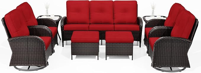 Joyside 9 Piece Patio Furniture Set, Outdoor Wicker Conversation Sets with Swivel Rocker Chairs and Sofa, Thick Cushion, Rattan Patio Sectional for Porch, Deck Use (Brown/Red, 9 PCS)-VerdiqueGarden