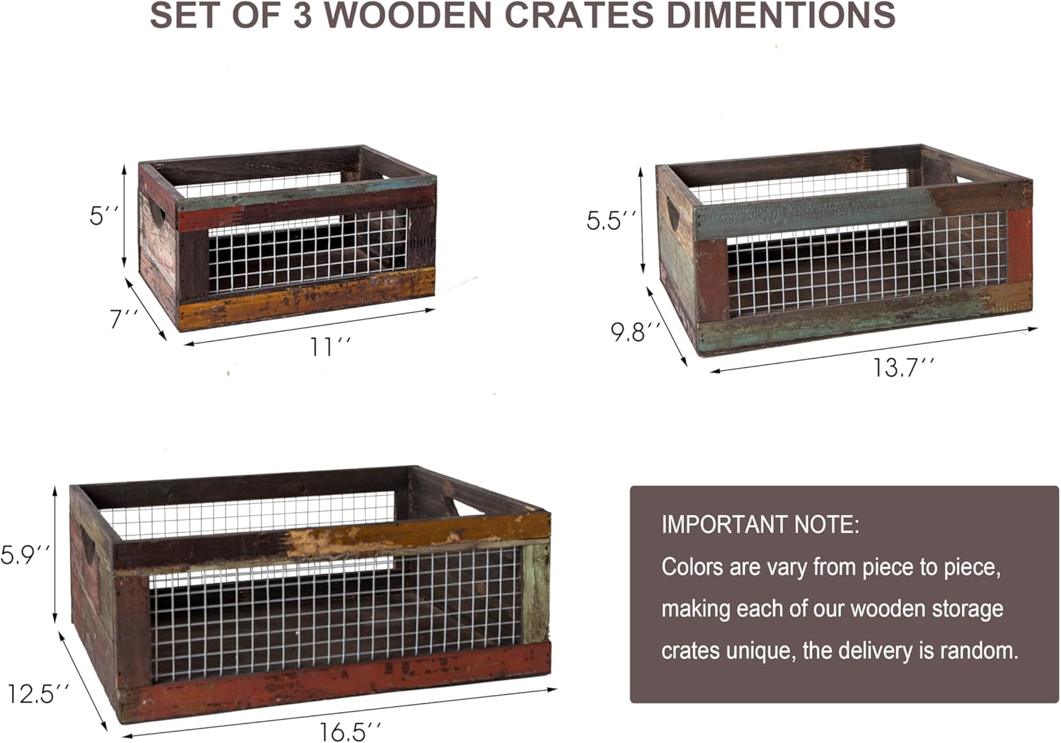 TIMRIS Set of 3 Rustic Wood Nesting Crates, Farmhouse Distressed Wooden Storage Boxes, Decorative Reclaimed Wood Organizer Baskets with Wire Mesh (Random)-VerdiqueGarden