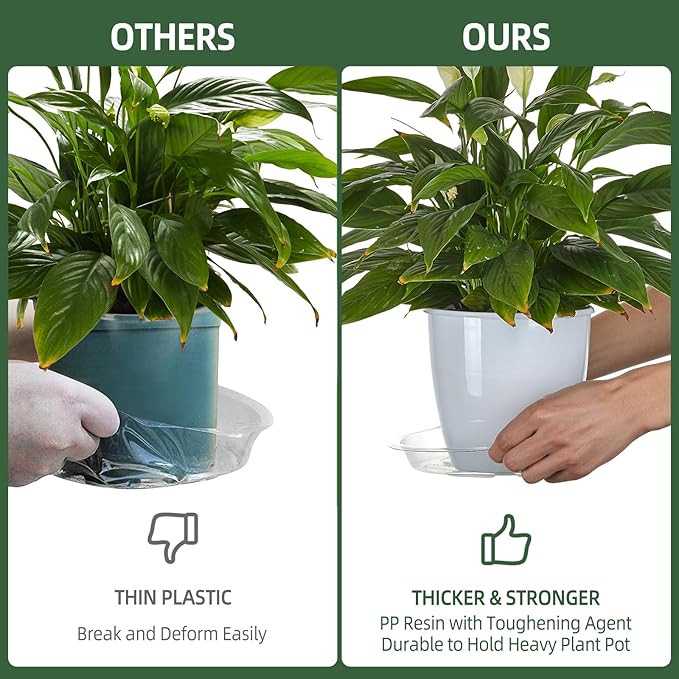BORPEIN Plant Saucer (8,10,12inch, 18 Pack) Clear Plastic Plant Trays for Pots Indoors Outdoors,Thicker Flower Pot Saucers, Plant Plate to Catch Water-VerdiqueGarden