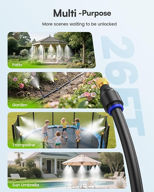 RAINPOINT Misters for Outside Patio - Upgraded 26FT(8M) Misting System Kit with Water Filter for Cooling Outdoor, 26FT Misting Line + 7 Mist Nozzles for Backyard Garden Porch Deck Greenhouse-VerdiqueGarden