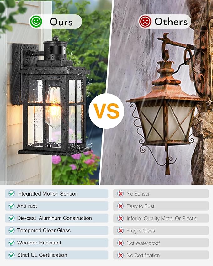 Motion Sensor Outdoor Light, Black Porch Light Dusk to Dawn, Waterproof Outdoor Motion Sensor Light, Anti-Rust Outside Lights for House, Garage, Doorway, Porch, 100% Aluminum-VerdiqueGarden