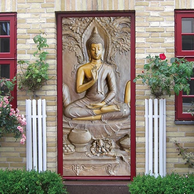 3D Door Stickers - Buddha Statue - Peel & Stick - Waterproof & Washable - Matt Finish - 35.4" x 78.7" - 2 Pieces - Wall & Door - Oriental Style - D-Buddha Statue-VerdiqueGarden