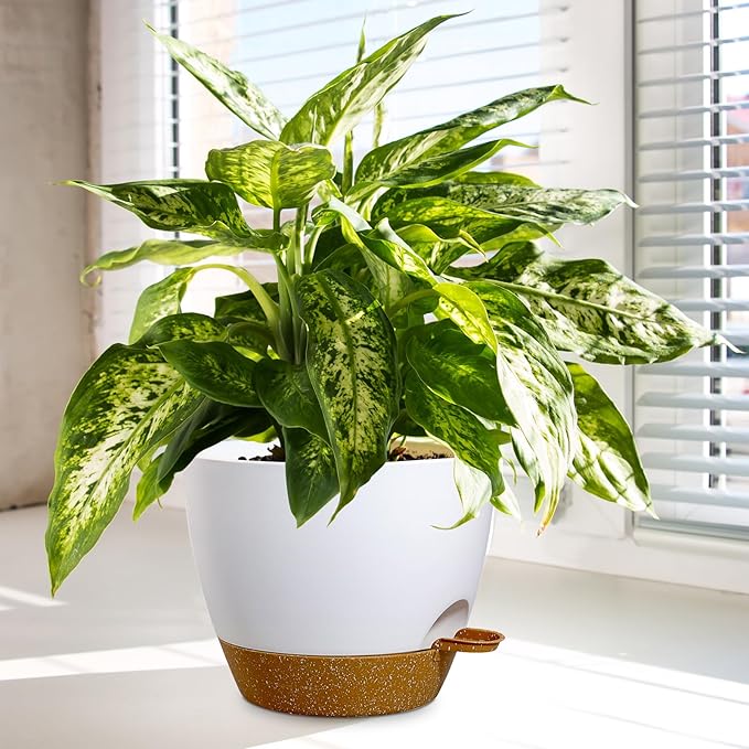 10/9/8 inch Medium Self Watering Pots, Planter, Plant Pots with Mesh Drainage Holes for Indoor Outdoor Garden Plants, Plastic Flower Pots with Removable Deep Reservoir, White with Brown-VerdiqueGarden