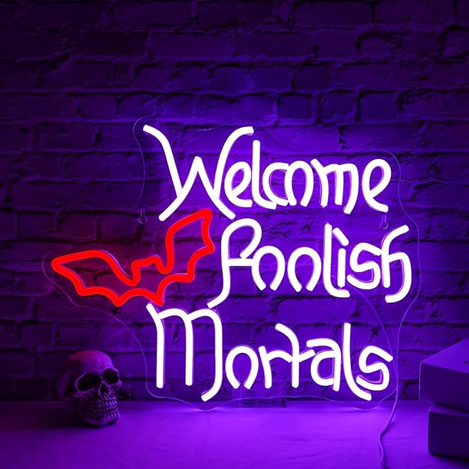 Welcome Foolish Mortals Neon Sign Halloween LED Neon Signs for Wall Decor Halloween Neon Light USB Light Up Sign for Halloween Decor Halloween Party Decoration,Door,Windows,Bar,Man Cave-VerdiqueGarden