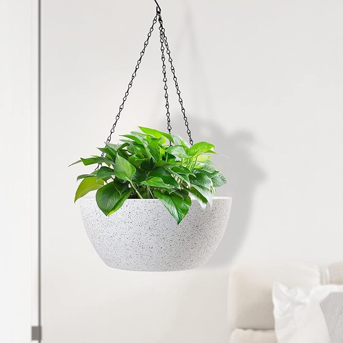 10 inch Hanging Planters for Outdoor Indoor Plants with Drainage Holes and Chain, 2 Pack Round Hanging Flower Plant Pots for Garden Home Porch Decor, Speckled White-VerdiqueGarden