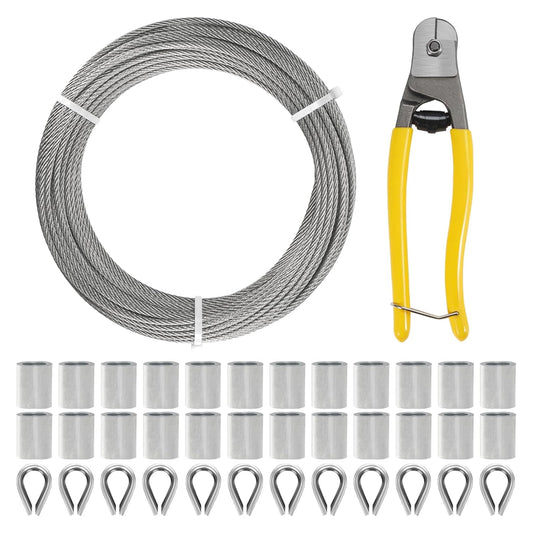 1/8 Inch Stainless Steel Cable Kit 200FT, 7 x 7 Strands Wire Rope with Aluminium Sleeves & Thimbles for Deck Railing, String Light Hanging, Shade Sail, Garden and DIY Projects-VerdiqueGarden