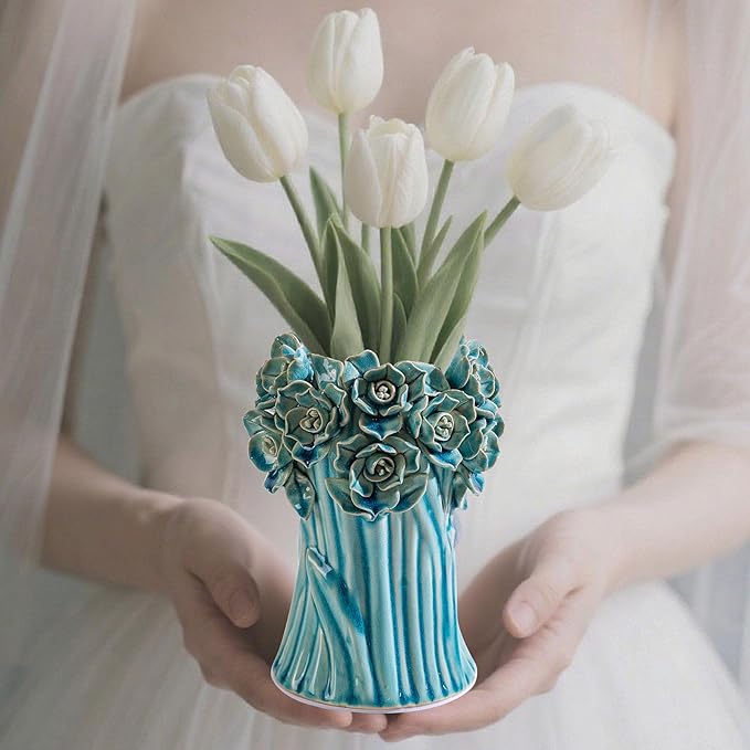 Handmade Blue Ceramic Vase with 3D Flowers, Blue Bud Wedding Bouquets Vases for Centerpieces, Vintage Floral Vase for Home Cottage Core Decor, Decorative Vases for Living Room, Housewarming Gift 6.6In-VerdiqueGarden
