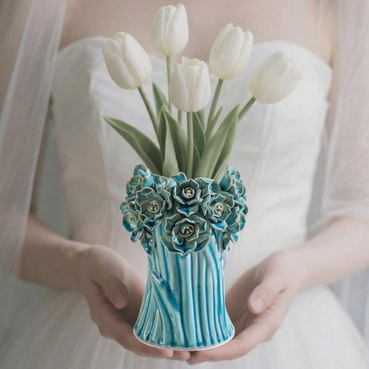 Handmade Blue Ceramic Vase with 3D Flowers, Blue Bud Wedding Bouquets Vases for Centerpieces, Vintage Floral Vase for Home Cottage Core Decor, Decorative Vases for Living Room, Housewarming Gift 6.6In-VerdiqueGarden