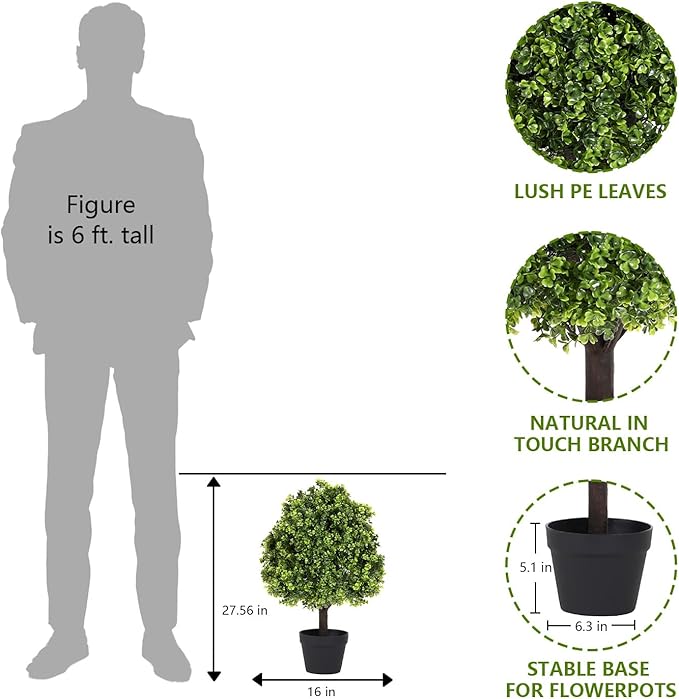 27“ Realistic Artificial Boxwood Topiary Trees Set of 2, Faux Boxwood Plants Outdoor UV-Resistant, No Maintenance Curb Appeal Fake Evergreen Bushes & Shrubs for Front Porch Outside Planter Decor-VerdiqueGarden