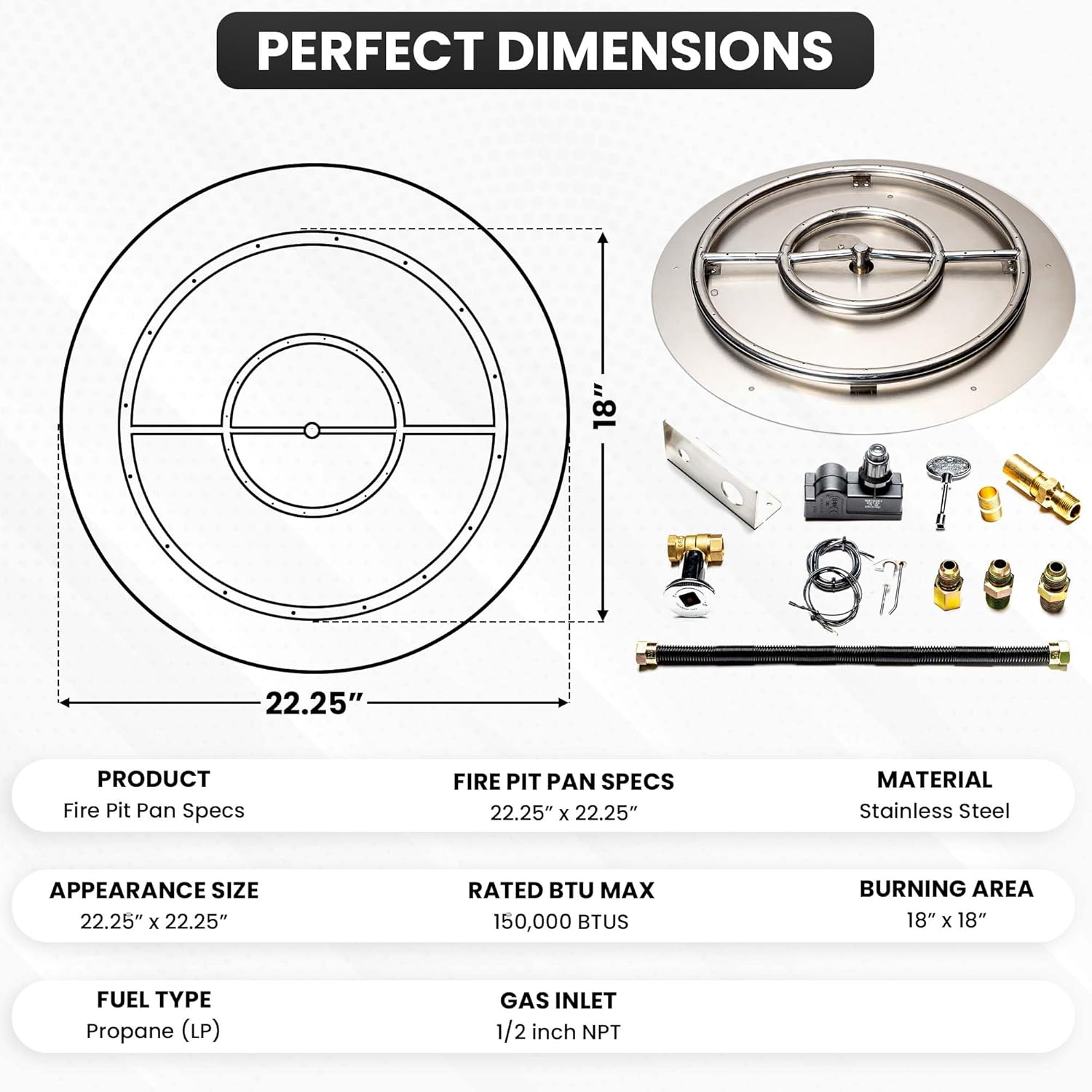 Stainless Steel Fire Pit Burner Pan & Ring Standard Kit with Spark Ignition for Liquid Propane, 22-Inch Pan, 18-Inch Ring, 150,000 BTU Max-VerdiqueGarden