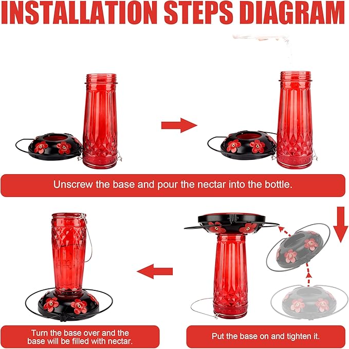 Hummingbird Feeder-16 Ounces，6 Feeding Ports Glass Hummingbird feeders for Outdoors,Wide Mouth for Easy Filling/Cleaning，Hanging for Garden Backyard Decor, Includes Ant Moat (Red)-VerdiqueGarden