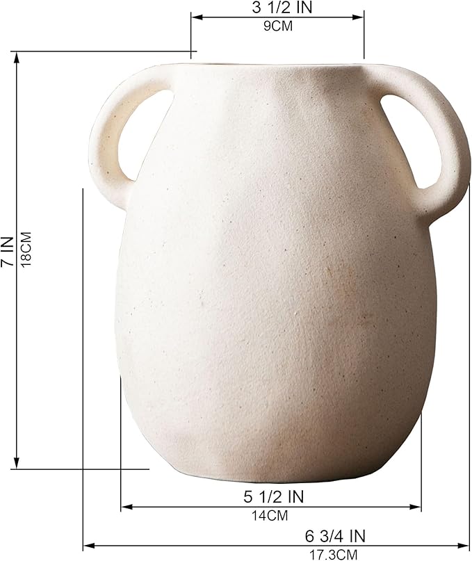Kimdio White Ceramic Vase with 2 Handles – Sand-Glazed Clay Pottery Vase for Dried Flowers, Rustic Modern Table Decor, Farmhouse Boho Shelf Decoration-VerdiqueGarden
