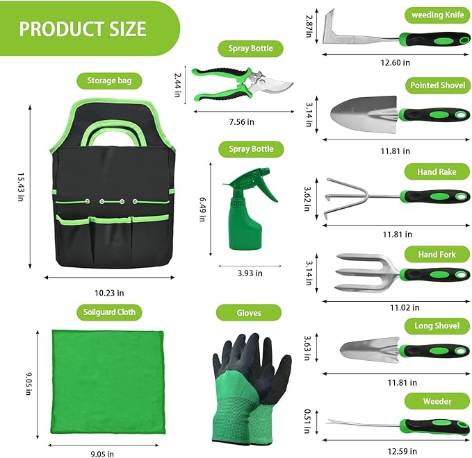 11Pcs Heavy Duty Gardening Tool Set, Shovel Stainless Steel with Non-Slip Rubber Grip, Canvas Storage Bag for Women Gardeners Pruning Shears Plant Care Weeding Tools-VerdiqueGarden