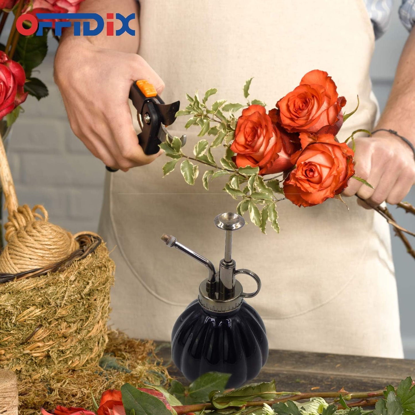 OFFIDIX Plant Mister Flower Watering Can, 6.3" Tall Vintage Pumpkin Style Black Color Glass Spray Bottle & Bronze Plastic Top Pump Ideal for Watering Small Plants Inside Home or Office-VerdiqueGarden