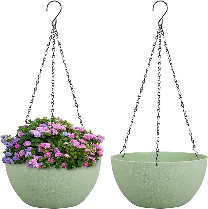 10 inch Hanging Planters Plant Pots for Indoor Outdoor Plants, 2 Pack Hanging Flower Pots with Drainage Holes and Chain for Garden Porch, Plastic Hanging Baskets for House Plants, Green-VerdiqueGarden
