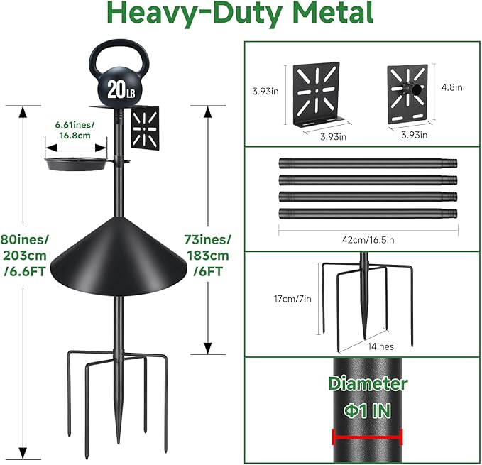 Smart Bird Feeder Pole with Squirrel Baffle & Bath-Heavy Duty Adjustable 3-6.6ft Universal Stand Mount for Backyard&Outdoor Bird Houses/Cameras (80'Pole-Baffle-Bath)-VerdiqueGarden