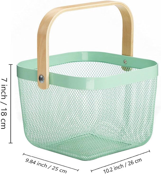 Metal Mesh Steel Basket, Storage Organizer Basket Multi-functional Hanging Kitchen Baskets Fruit Basket with Wooden Handle for Kitchen Bathroom Picnic Shopping Decor Cabinet Home, Macaron Blue-VerdiqueGarden