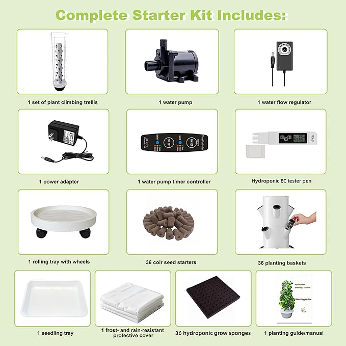 Hydroponic System Kit, Hydroponic Vertical Garden, Lettuce & Herb Starter Kit, with 36 Plant Holes, 9-Tier Indoor Outdoor Growing Tower with Climbing Trellis and Timer-VerdiqueGarden