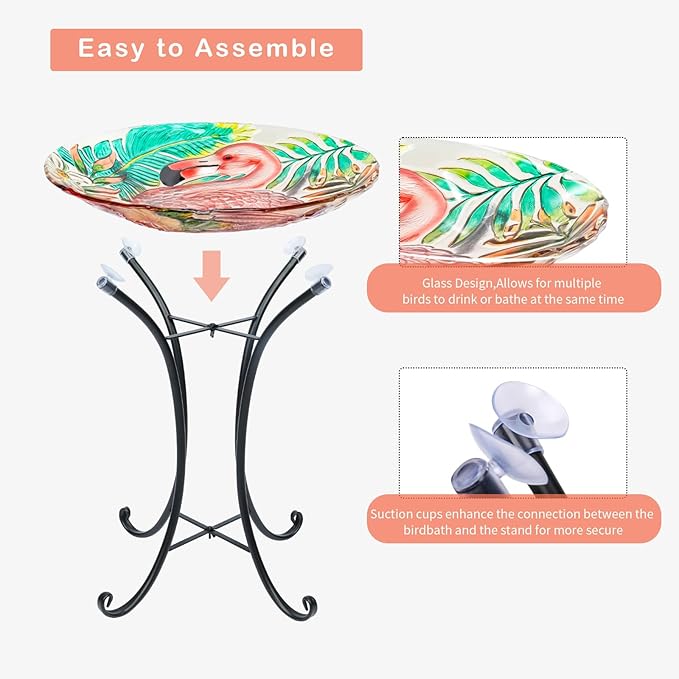 VCUTEKA 18" Outdoor Glass Birdbath with Sturdy Metal Stand for Lawn, Yard, or Garden Decor Bird Lovers Gift, Flamingo Bird Bath Detachable, 22" Height-VerdiqueGarden