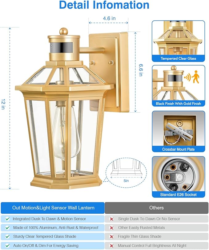 VIANIS Outdoor Wall Lights Lantern, 2 Pack Gold Motion Sensor Proch Light, Dusk to Dawn Weather Resistant Exterior Lights for House Sconce, Waterproof Garage Lights with Clear Glass Shade-VerdiqueGarden