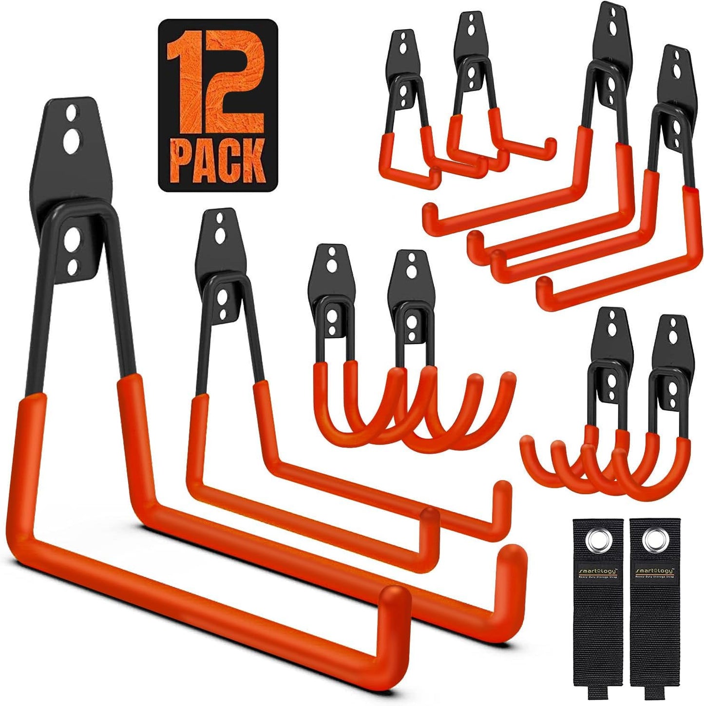 Garage Hooks, 12 Pack Wall Storage Hanger with 2 Extension Cord Straps, Heavy Duty Tool Holder for Utilities Organization, Wall Mount Rack for Garden Lawn Tools, Ladders, Bike, Ski (Orange)-VerdiqueGarden