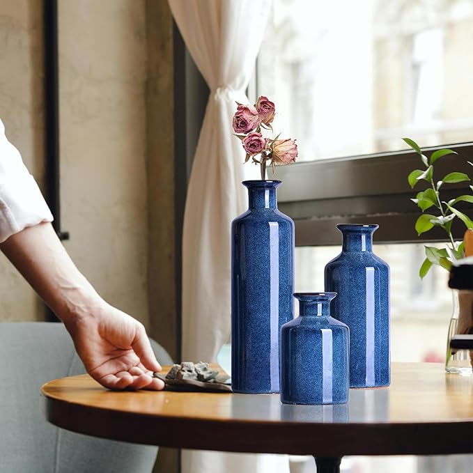 Blue Ceramic Vase Set of 3,Home Decorative Flower Vase,Small vase Set for Farmhouse Living Room Bedroom Tabletop Decor,Office Bookshelf Centerpiece Entrance Decoration-VerdiqueGarden