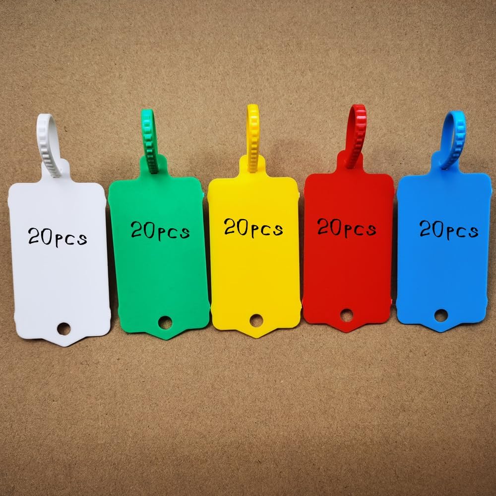 100pcs Reusable Blank Plastic Tags Ties Key Tags 1.45"*2.48" Serrated Tension Sealing Strap with Large Label Plastic Tie Mark Label Waterproof Hang Sign Write on Tag (5 Colors Mixed, 100pcs)-VerdiqueGarden