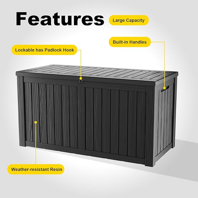 150 Gallon Outdoor Deck Box,Storage Lockable Waterproof Patio Furniture,Garden Tools,Cushions,Pool Accessories Outside Storage Resin Box(Black)-VerdiqueGarden