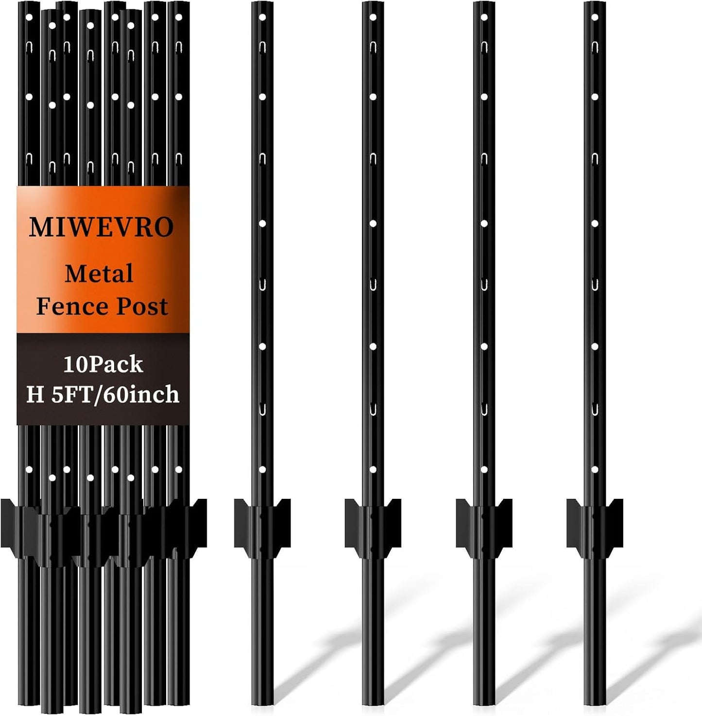 10 Pack Garden Fence Post, 5 Feet Heavy Duty Metal U-Post for Wire Fence, No Dig Garden Fence Stakes for Temporary Fencing, Electric Fence Wire, Corner Anchor, and More-Black-VerdiqueGarden