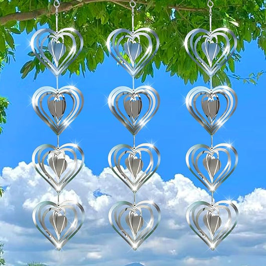 12 Metal Heart Bird Scarer Discs Set, Wind Spinners 3D Helix Reflector Stainless Steel Sparkly Outdoor Garden Decor, Scare Birds & Animals Away from Garden Yard Patio Lawn Farm Wind Sculpture Gifts-VerdiqueGarden