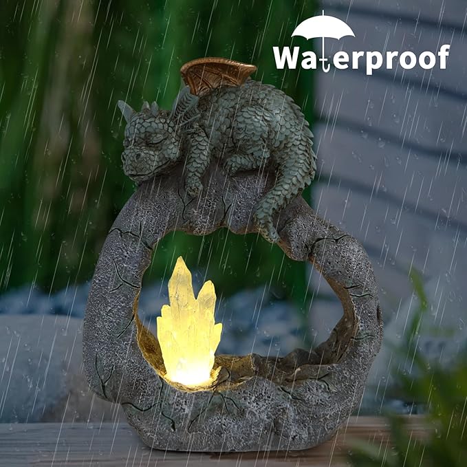 Solar Powered Dragon Statue ，Garden Decor with Crystal LED Lights Handmade Waterproof Resin Dinosaur Outdoor Patio Lawn Sculpture Perfect Christmas (Crystal Dragon)-VerdiqueGarden