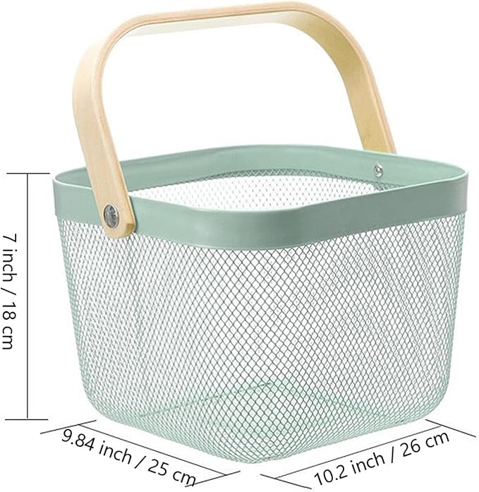 Metal Mesh Steel Basket, Storage Organizer Basket Multi-functional Hanging Kitchen Basket Fruit Basket Bin with Bamboo Handle, 9.84 x 10.2 x 7 inch, Mint Green-VerdiqueGarden