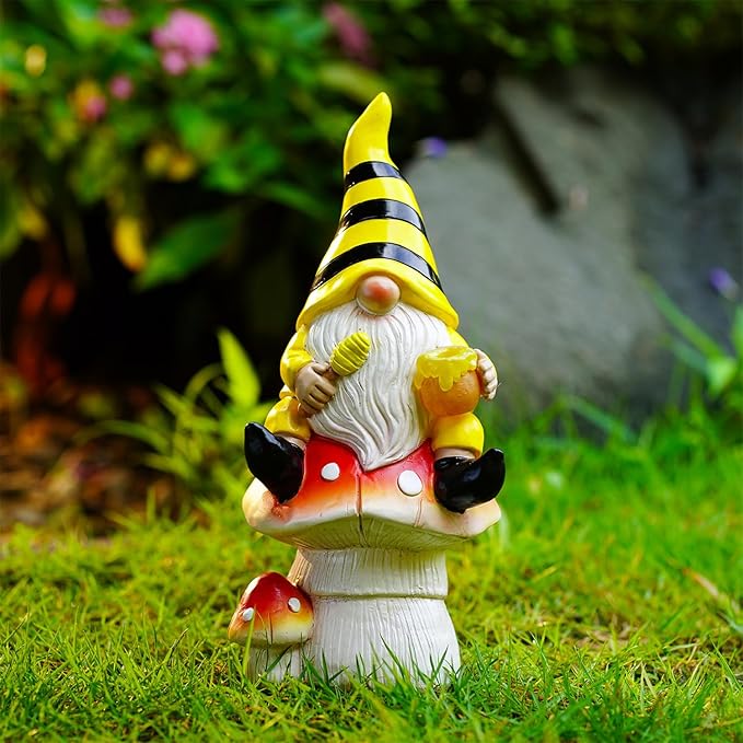 Solar Gnome Decor for Outside - Garden Beer Gnome Outdoor with Solar Lights, Sitting on Mushrooms - Perfect Housewarming or Women's Gifts (Yellow)-VerdiqueGarden