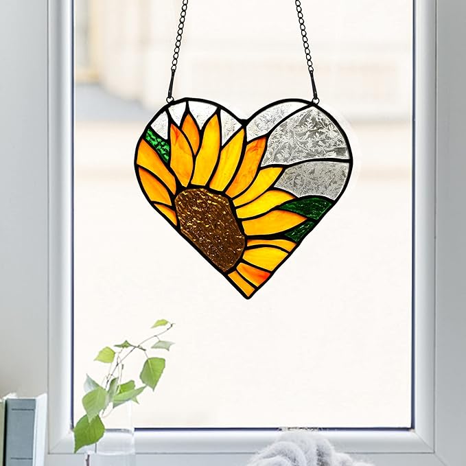 BOXCASA Sunflower Stained Glass Window Hangings,Sunflower Stained Glass Suncatcher,Heart Shape Sunflower Best Teacher Gifts for Women Birthday,Sunflower Decoration for Home Indoor Window-VerdiqueGarden