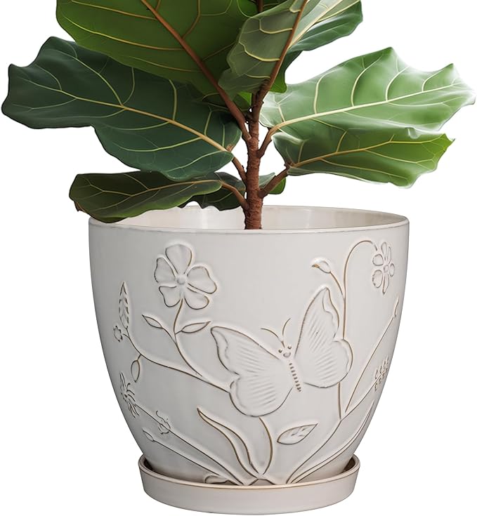 10 Inch Plant Pot Ceramic Planter Pot with Drainage Hole and Saucer Round Planter Large Flower Pot for Indoor Outdoor Plants Home Garden Decor White-VerdiqueGarden