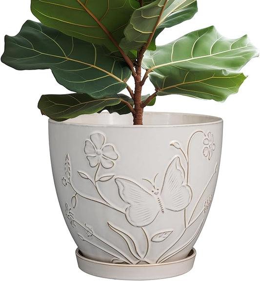 10 Inch Plant Pot Ceramic Planter Pot with Drainage Hole and Saucer Round Planter Large Flower Pot for Indoor Outdoor Plants Home Garden Decor White-VerdiqueGarden